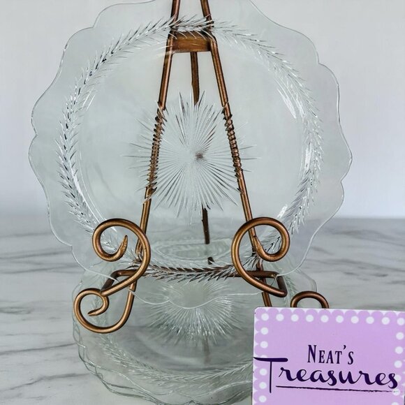 Jeannette SUNBURST HERRINGBONE Laurel Depression Clear Glass Dinner Plates Set 4